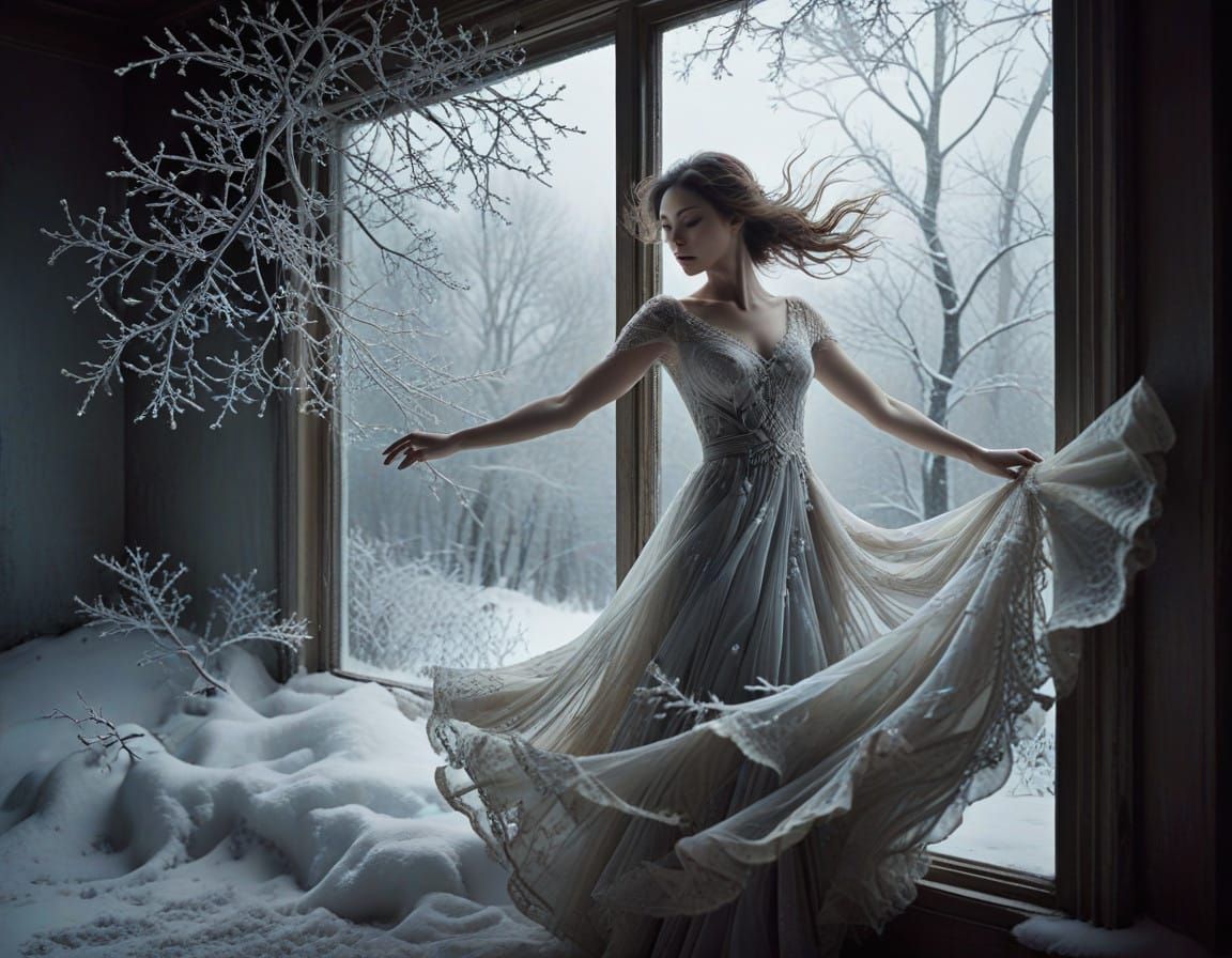 Ethereal Winter Scene: Delicate Snowflakes Dance Around a Lo...