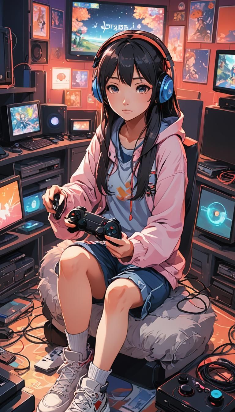 Gamer Girl in Vibrant Anime Style