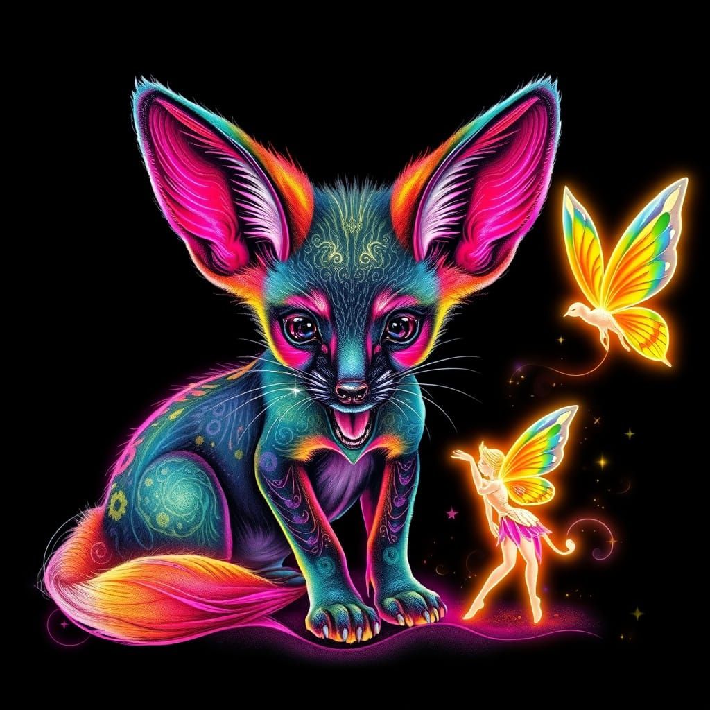 Surreal Neon Fennec Fox Puppy with Rainbow Fairy