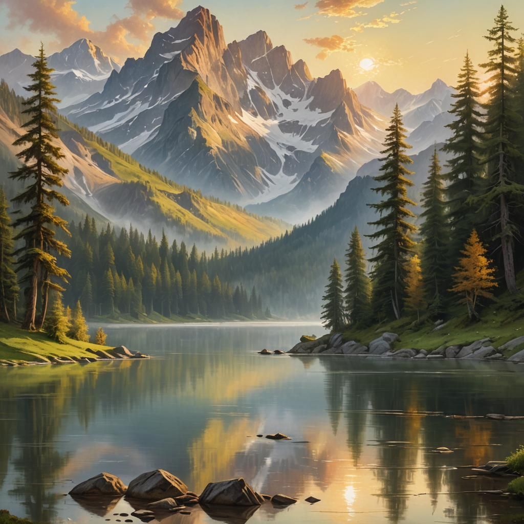 Serene Alpine Lake Scene Painted in Impressionist Style