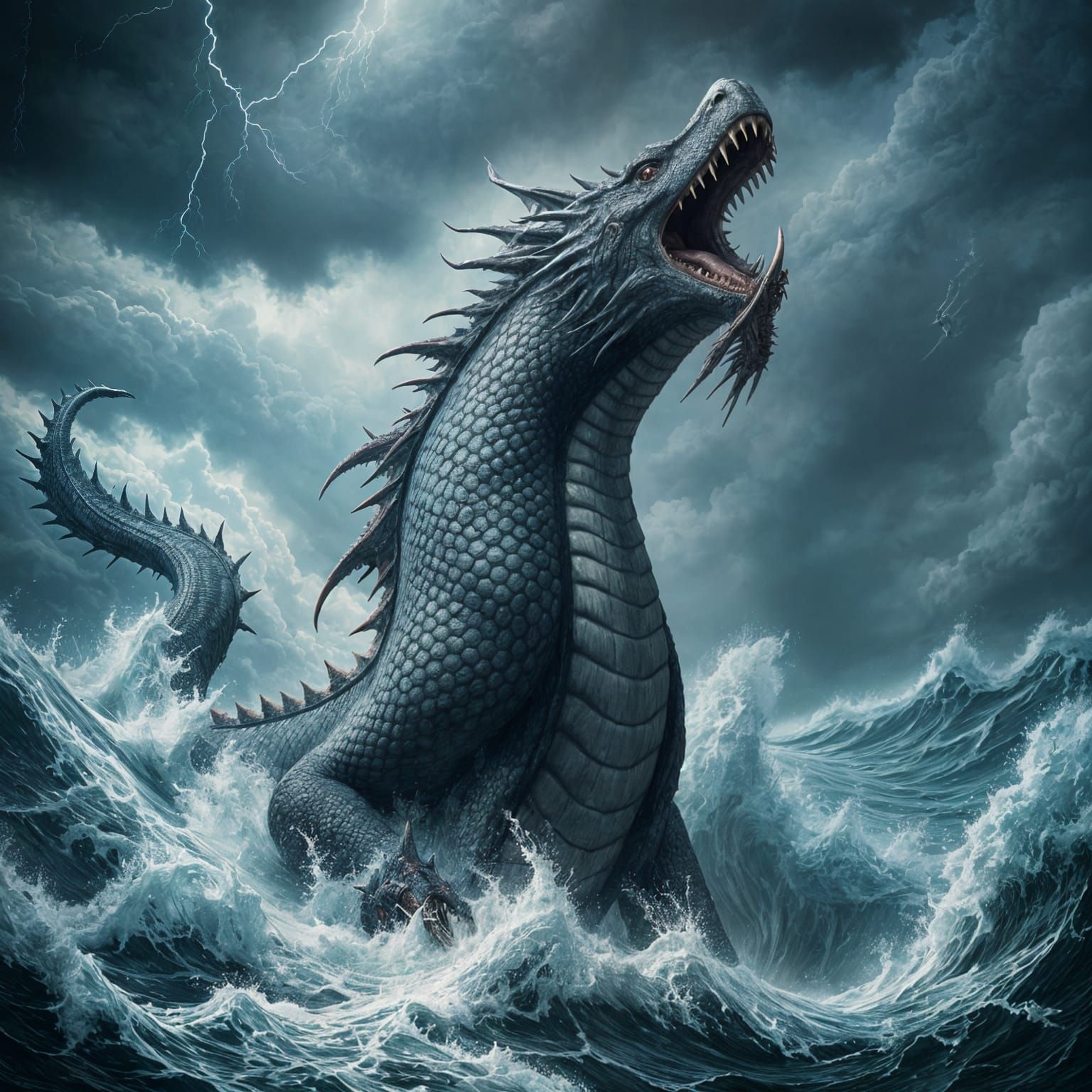 Mythical Sea Serpent Rises from the Depths in Dark Fantasy A...