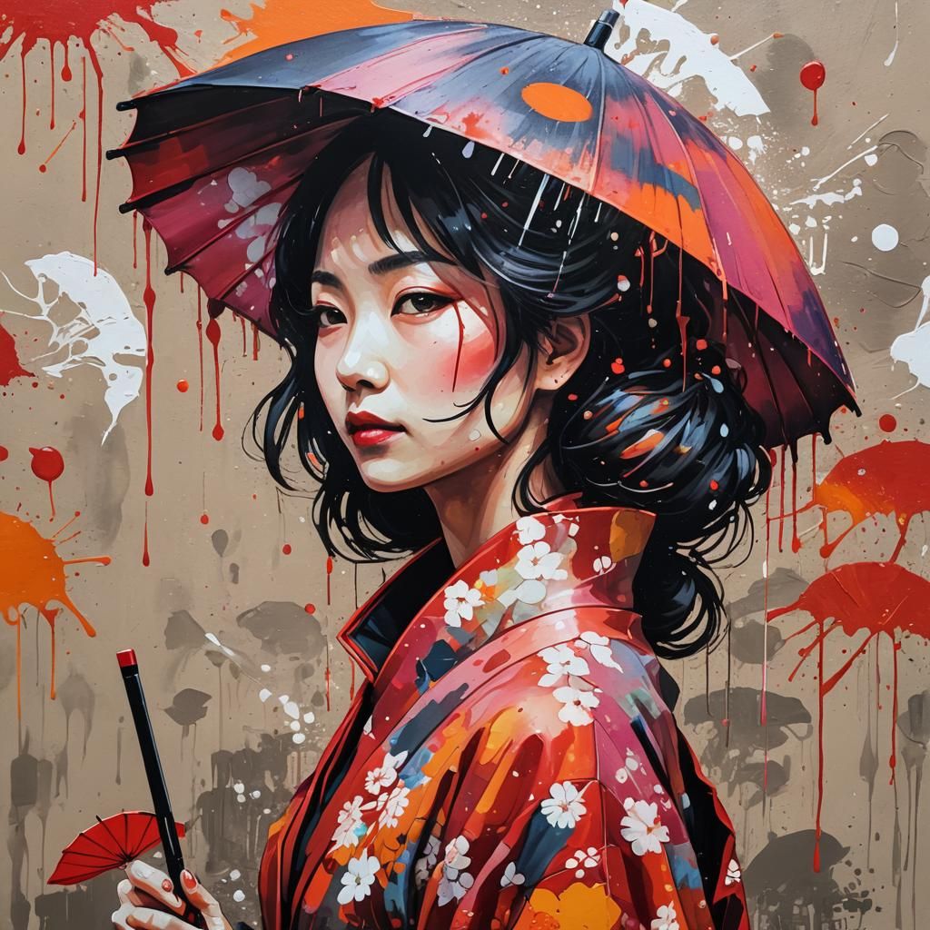 Woman in Japanese Street Art Style with Vibrant Umbrella Sil...