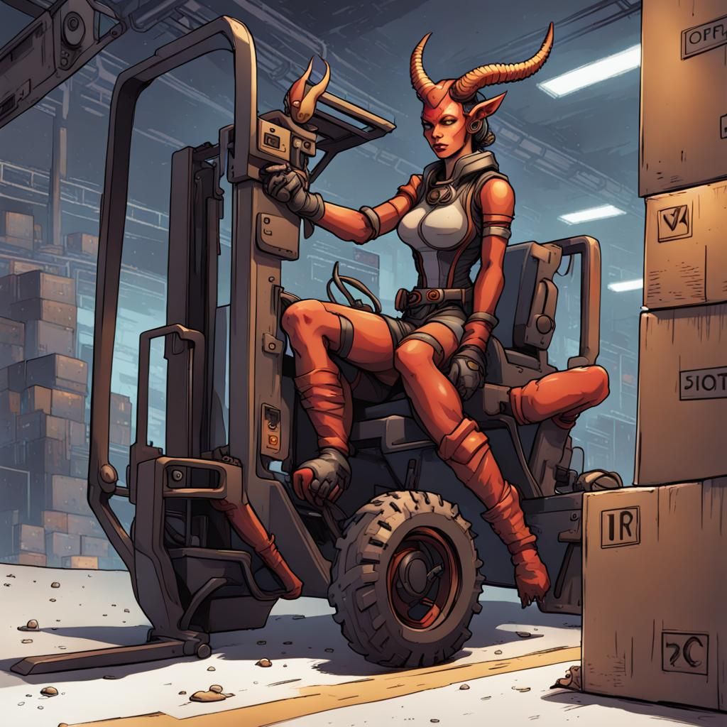 Cyborg Tiefling Forklift Operator in Action