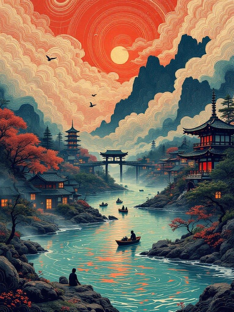 Dreamlike Ukiyo-E Riverscape with Traditional Pagodas and Sw...