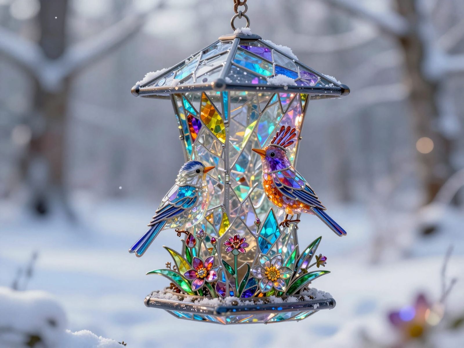 Majestic Crystal Bird Feeder in Snowy Winter Landscape