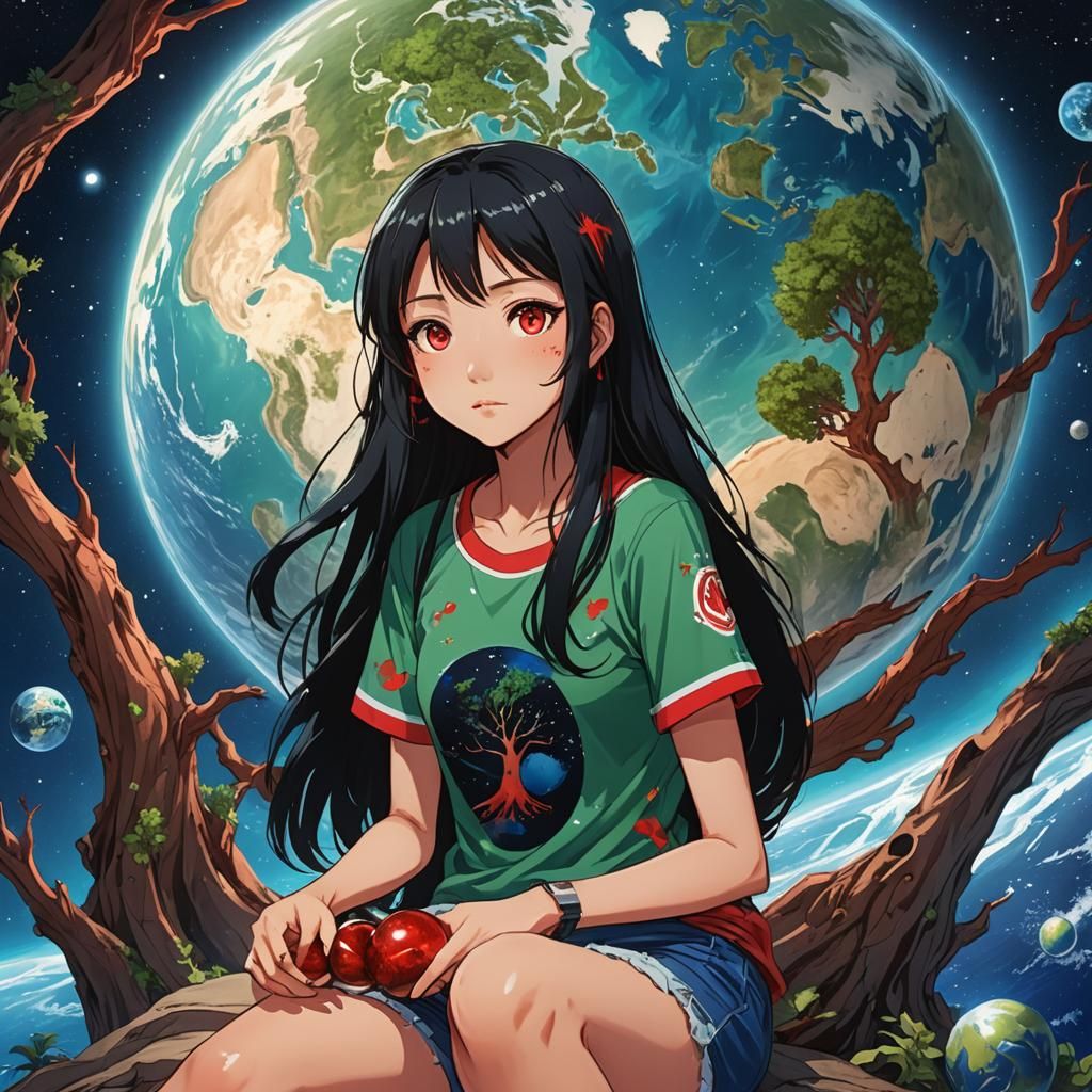 Anime Girl Hugs Earth in Cosmic Landscape