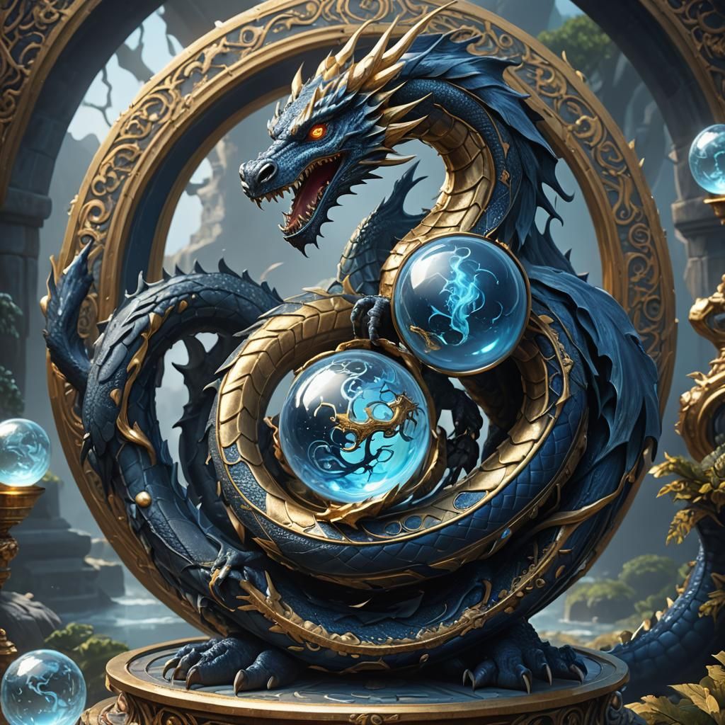 Navy Blue Dragon Safeguards Shimmering Blue Orb in Vibrant M...