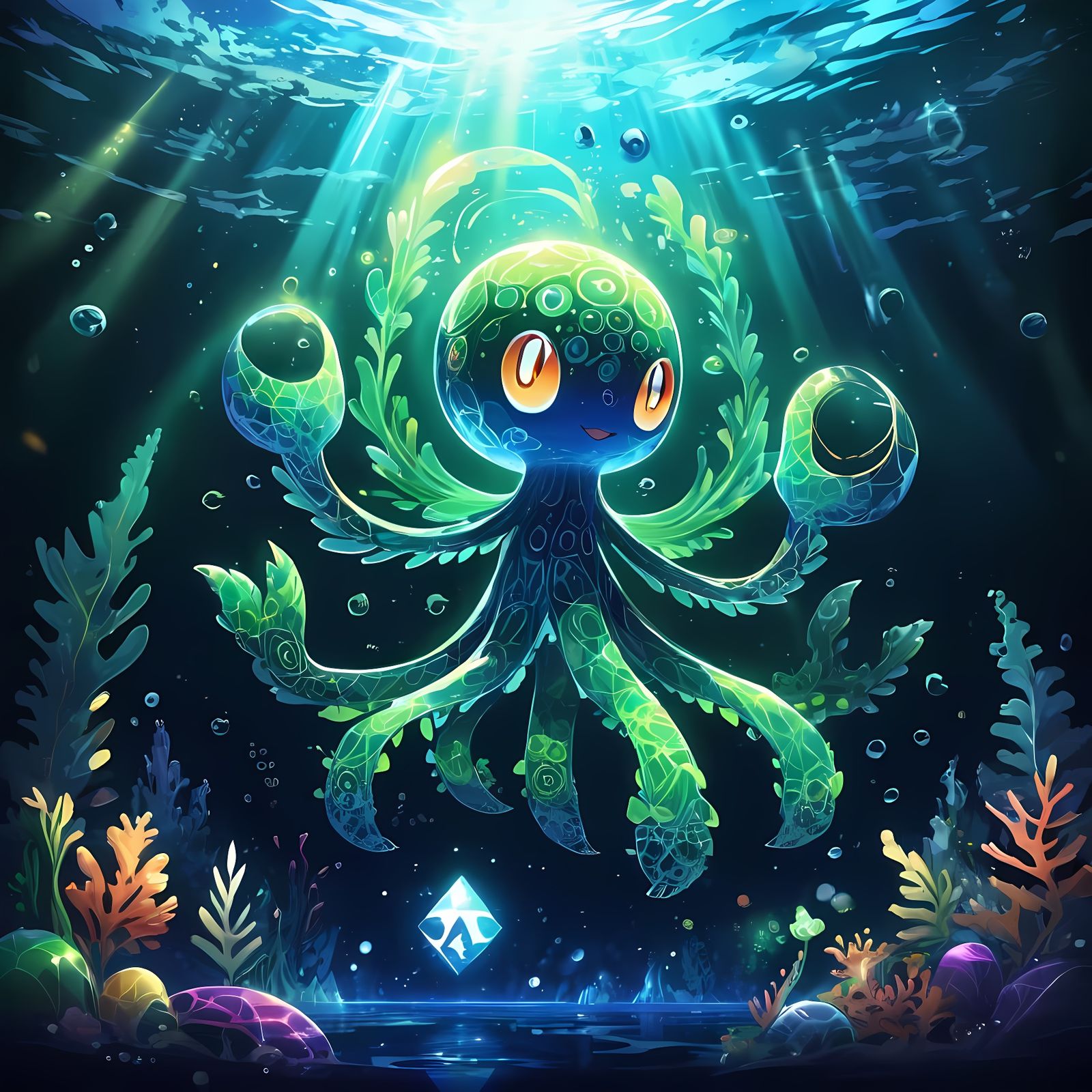 Geomarine: A Glowing, Mathematical Seaweed Fakemon