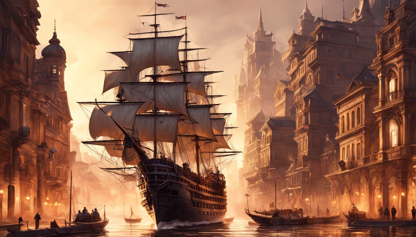 Galleon Sails Through City, Dark Fantasy Art
