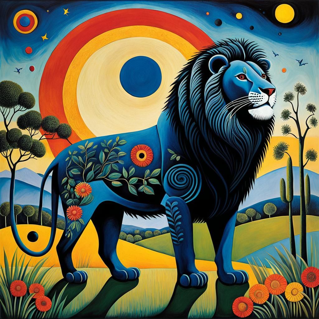 Black Lion in a Constable-Inspired Landscape, Merging Miro's...