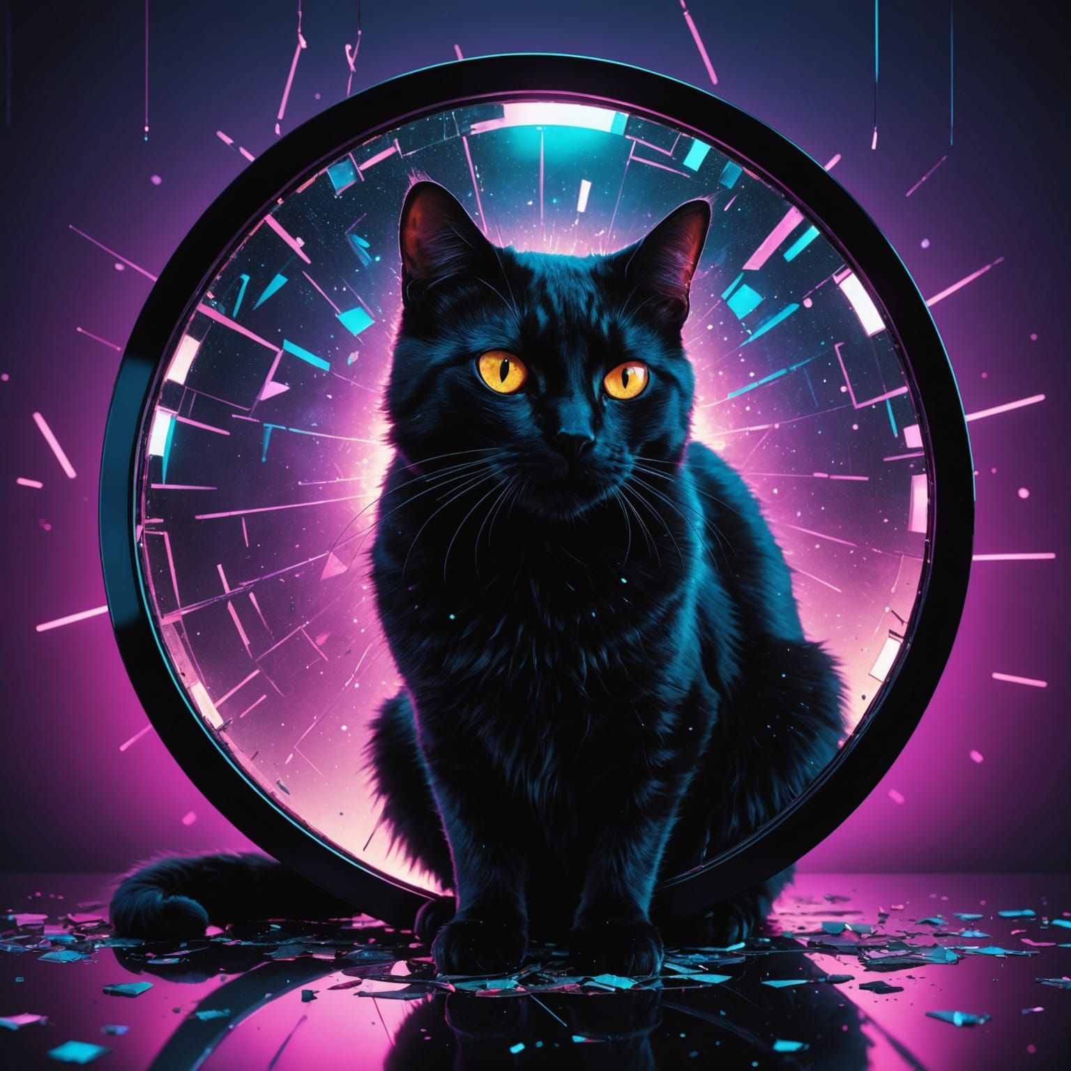 Surreal Black Cat Contemplates Rebirth in Neon Hyperrealisti...