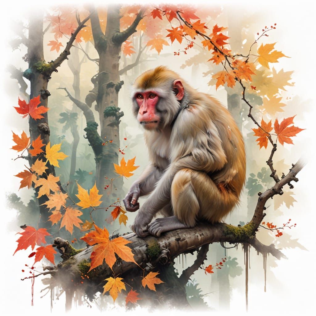 Vibrant Autumn Landscape with Japanese Macaque in Abstract S...