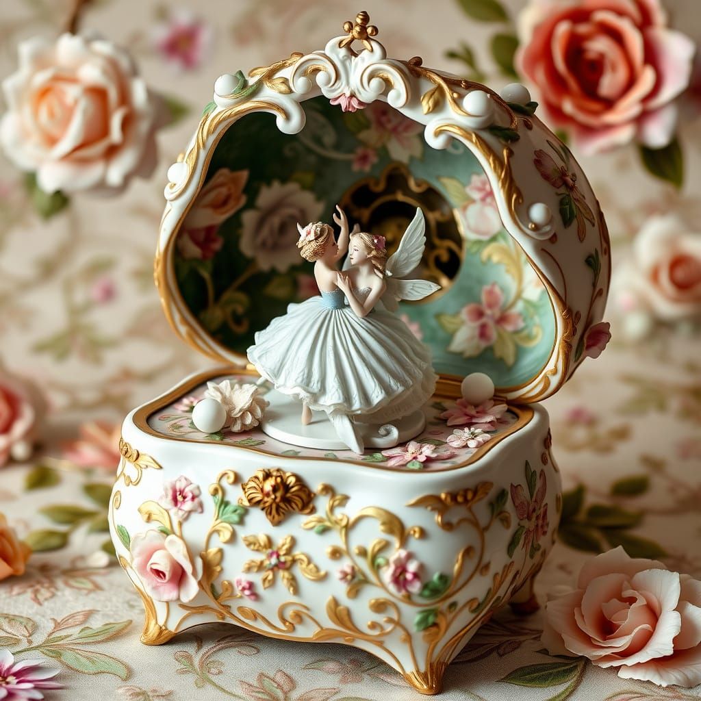 Whimsical Ballerina Music Box Scene in Art Nouveau Style