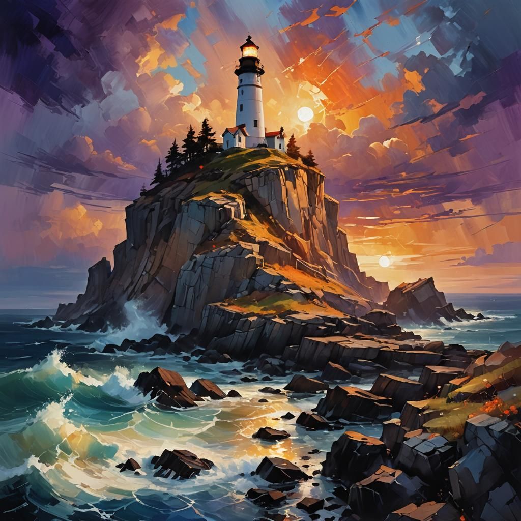 Cyberpunk-Inspired Coastal Lighthouse with Warm Golden Light...