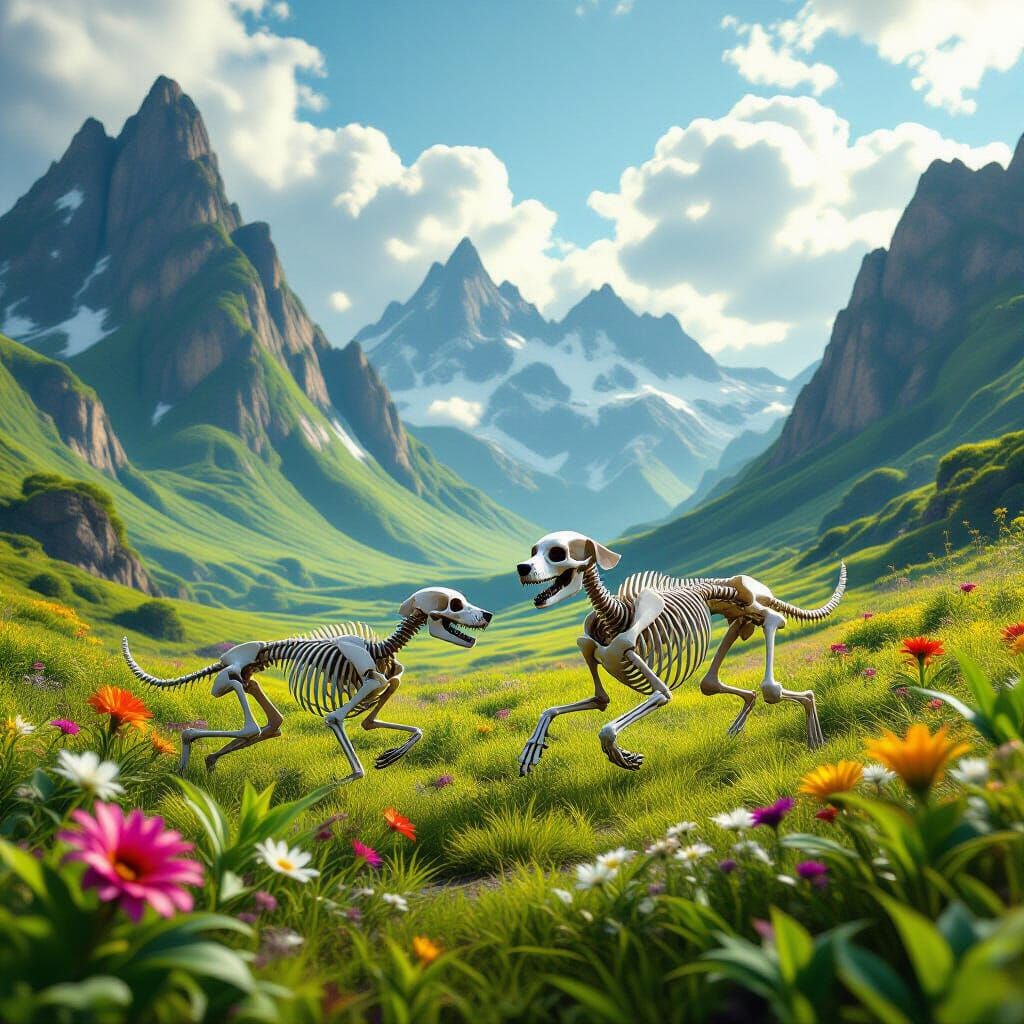 Lone Dog Skeleton Roams Surreal Green Landscape