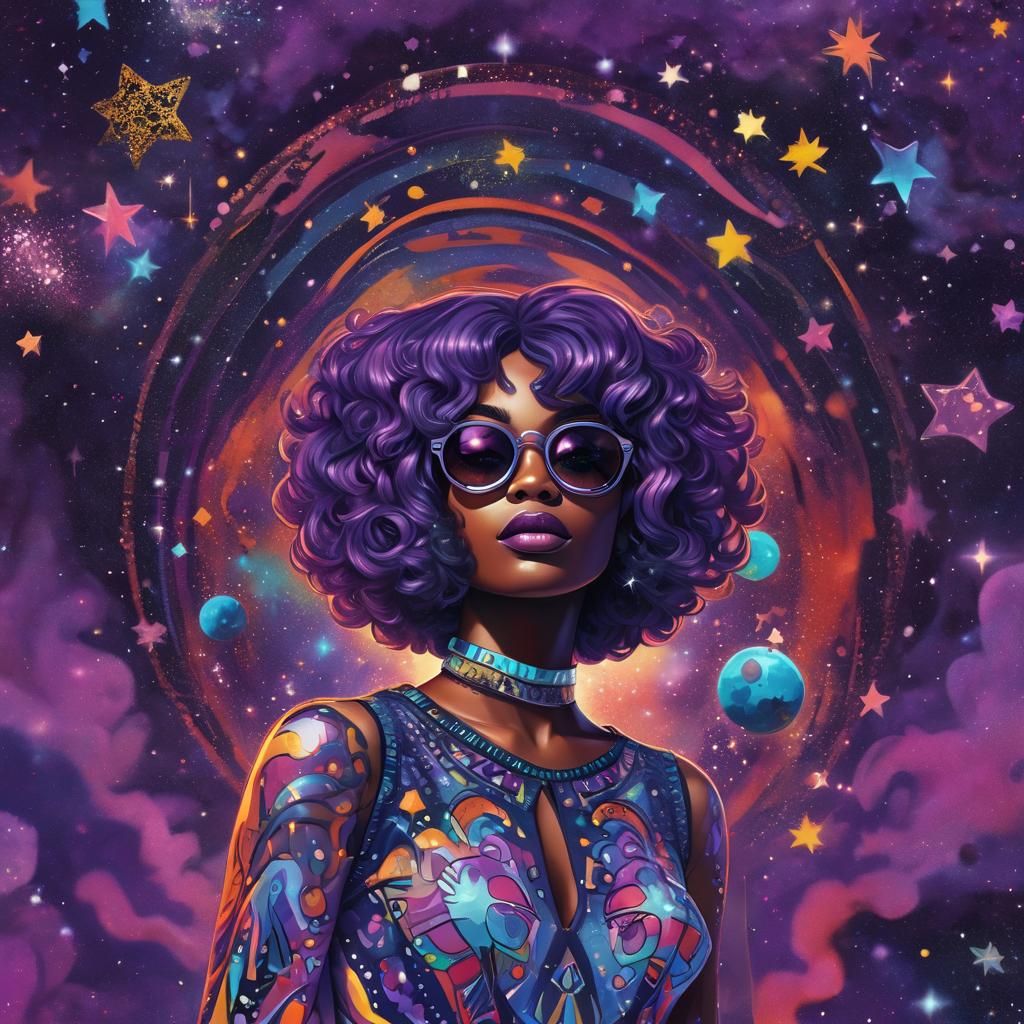 Lisa Frank style illustration of a black woman pin up, purpl...