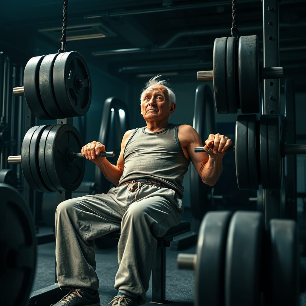 Elderly Man's Weightlifting Feat in Gritty Style