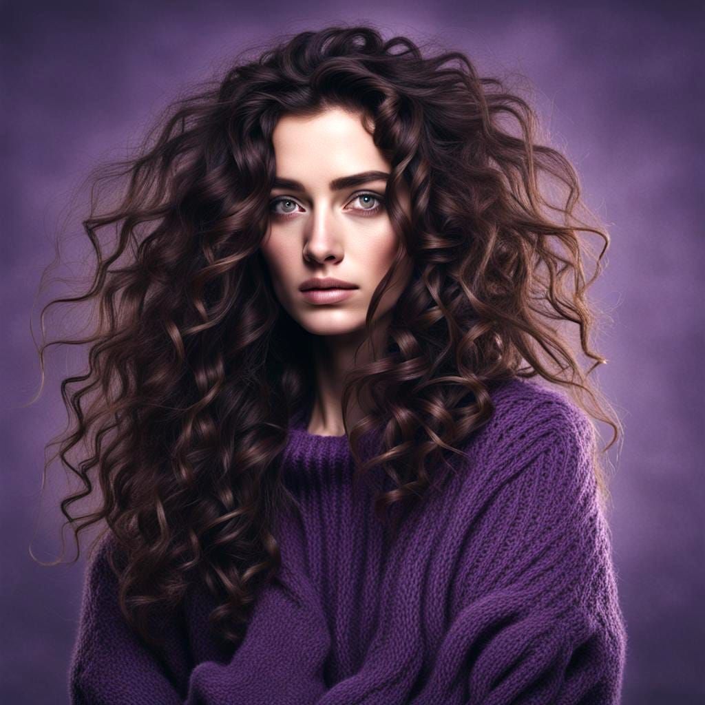 Surreal Portrait of a Curly-Haired Woman in a Deep Purple Sw...