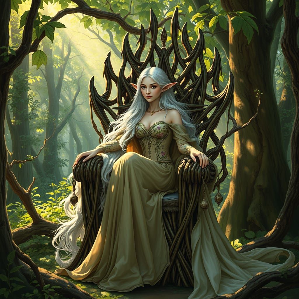 Ethereal Elven Queen in Whimsical Art Nouveau Fantasy