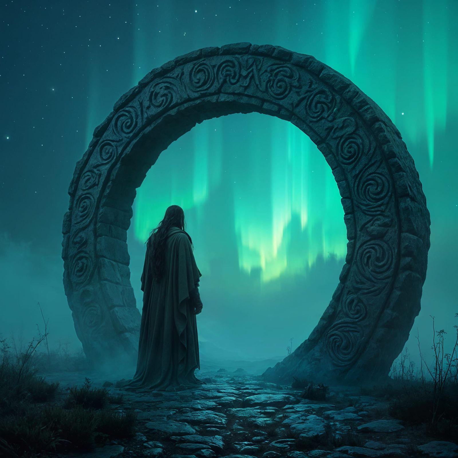 Ancient Druid Silhouetted Against Celestial Glow