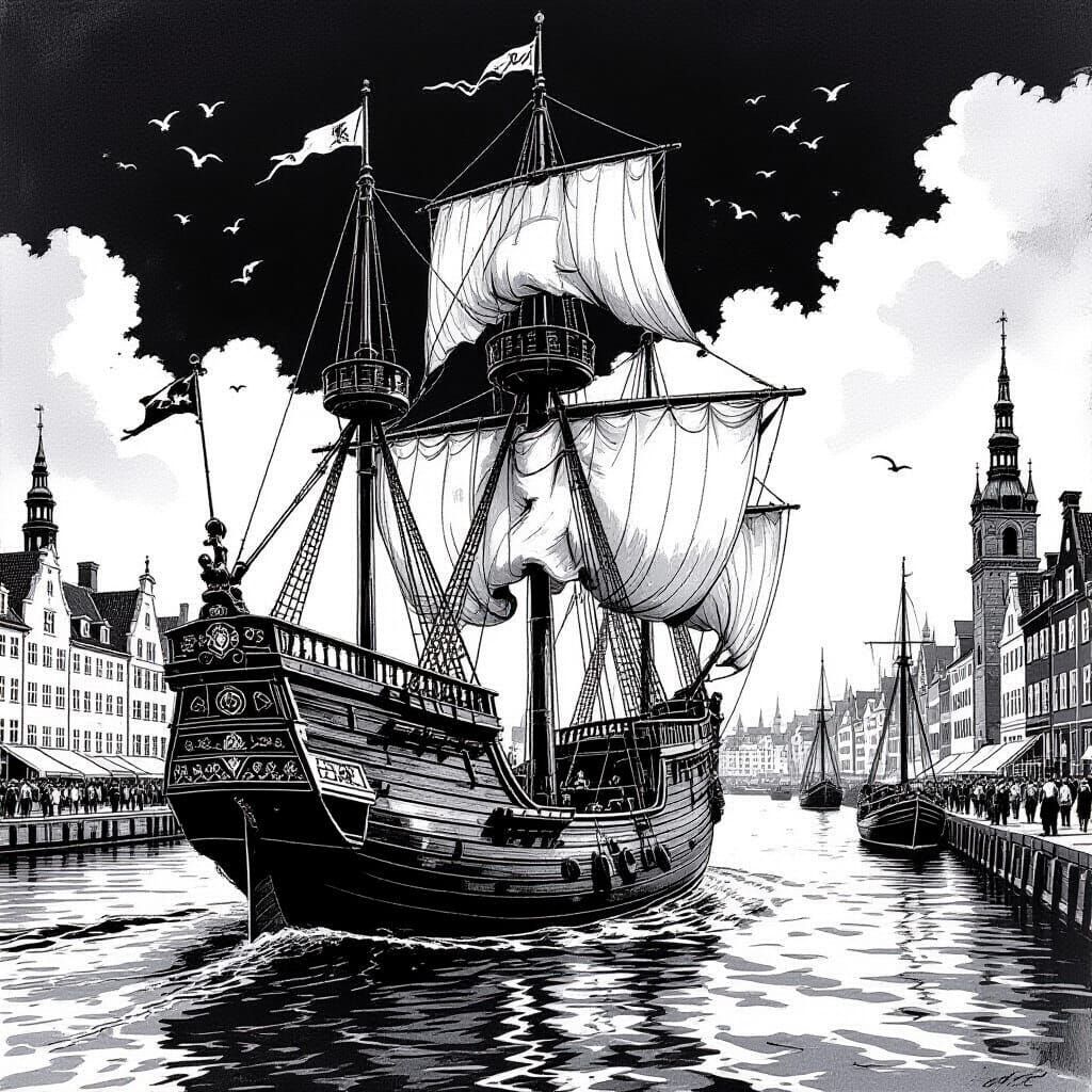 Hanseatic Kogge Enters Copenhagen Port: Olaus Magnus Style