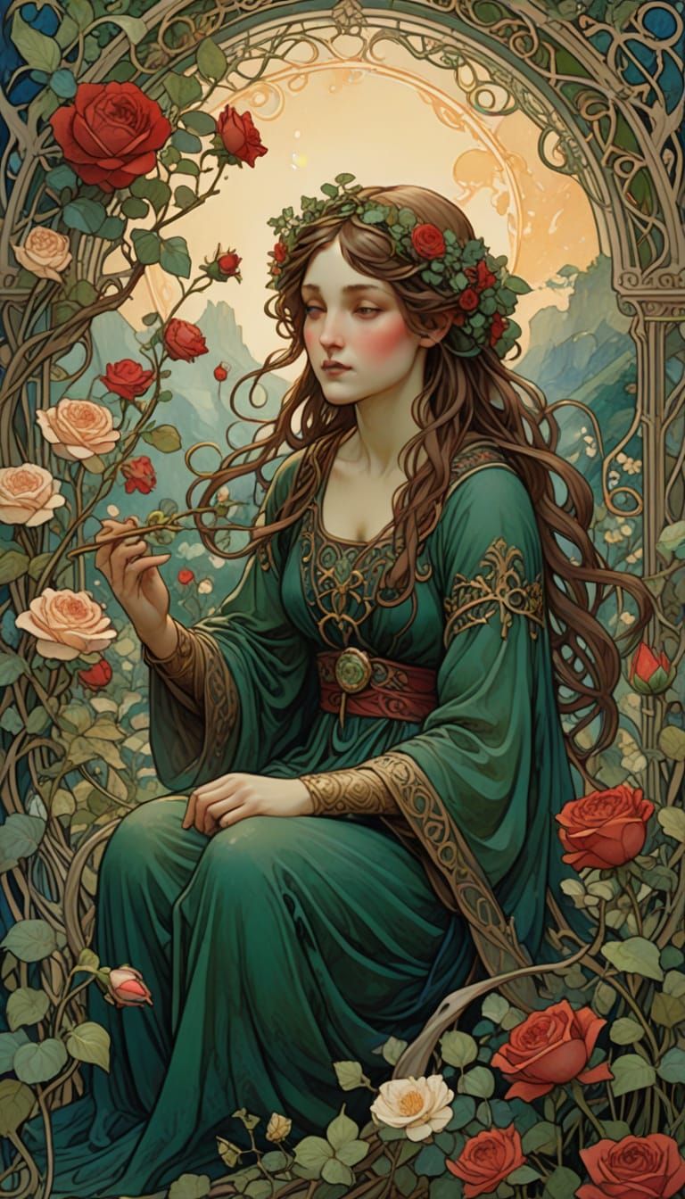 Sensual Garden Goddess in Earthy, Art Nouveau Style