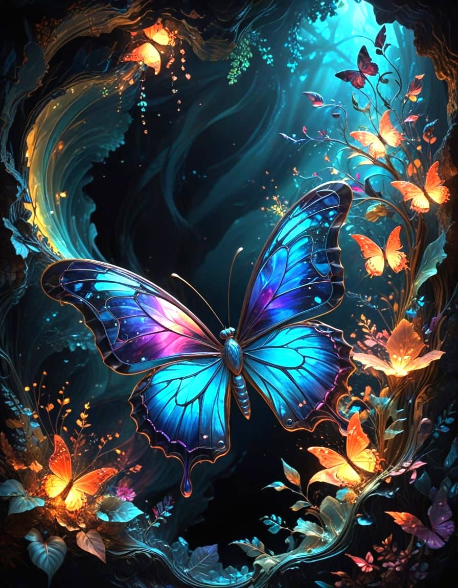 Luminous Butterfly in Stained Glass Grotto