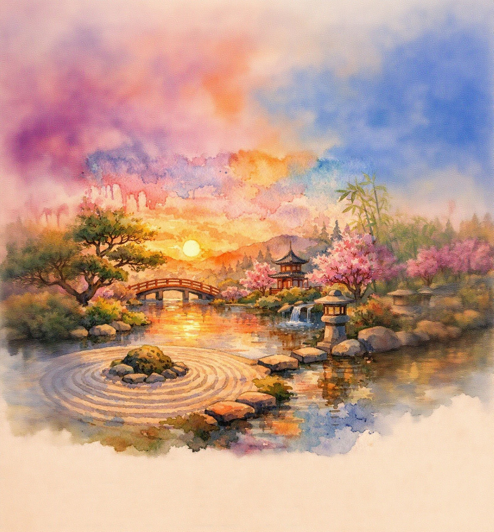 Peaceful Zen Garden Sunrise in Watercolour and Alcohol Ink S...