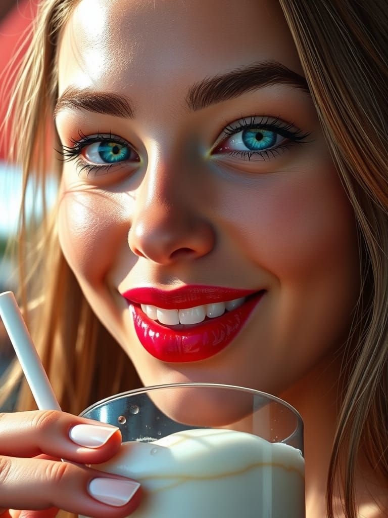 Close-up, attractive lady drinking milk.🥛