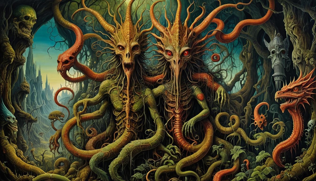 Surreal Fantasy Painting of a Psychedelic Jabberwocky under...