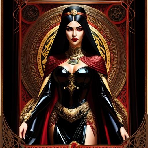 Dark Egyptian Goddess in Art Nouveau Frame with Red Pomegran...