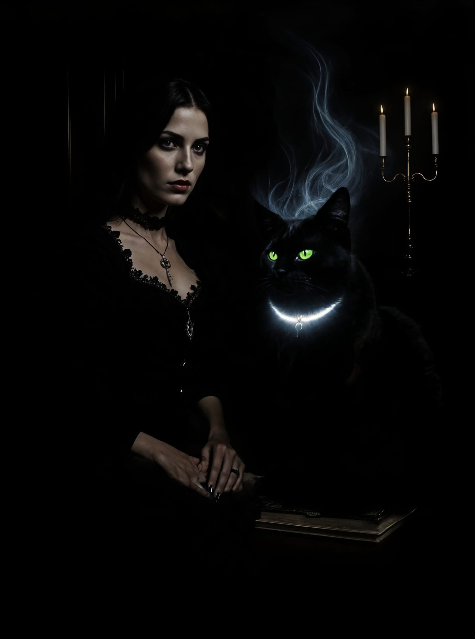 Goth Woman and Black Cat in Victorian Bedroom