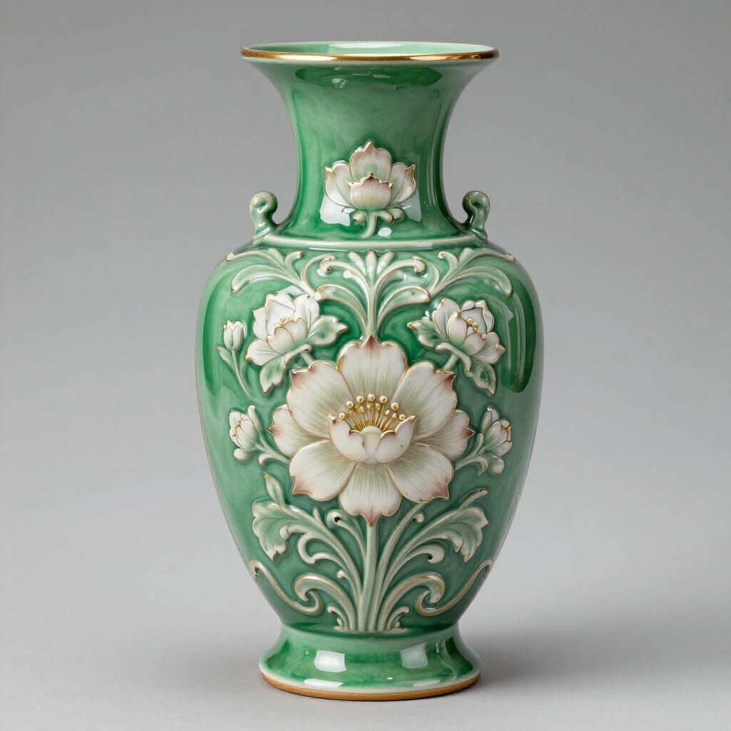 Intricate Art Nouveau Vase with Green Glaze and Floral Desig...