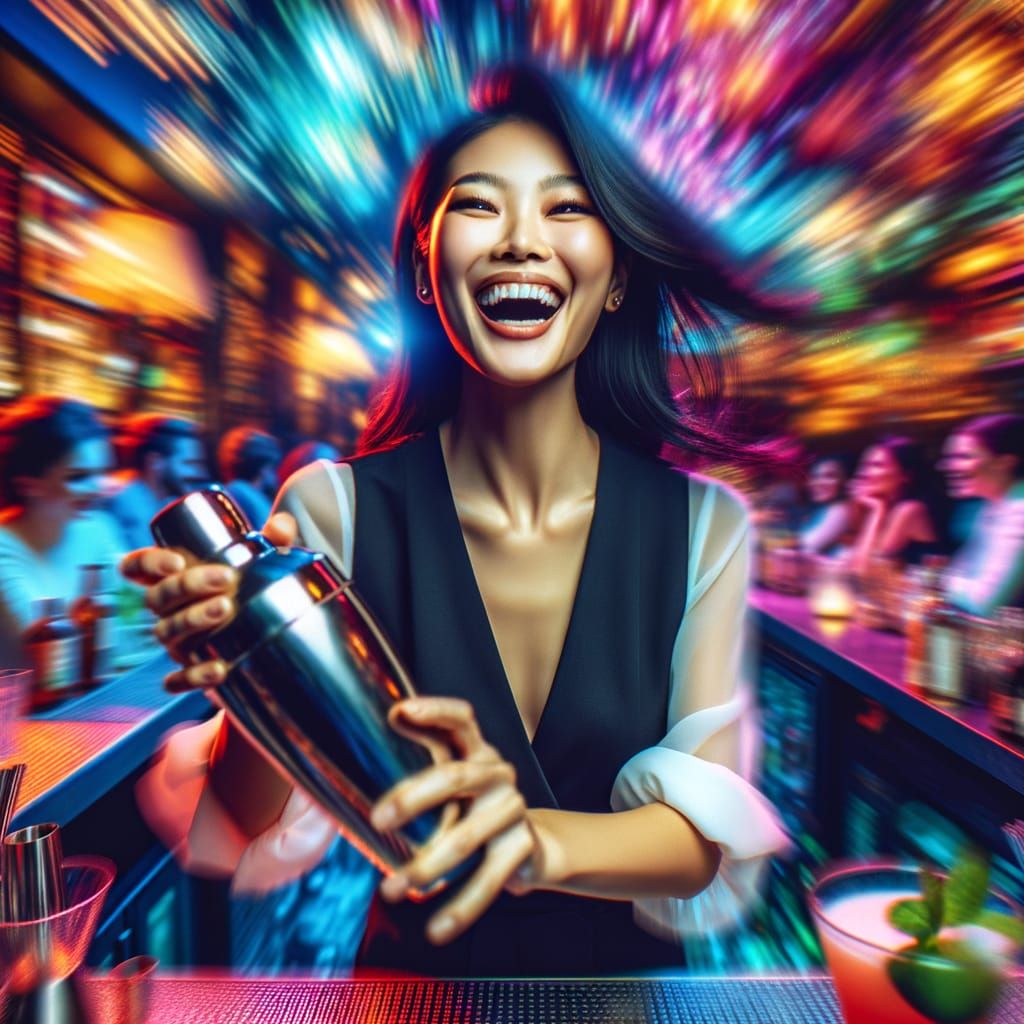 Vibrant Bartender Shakes Cocktails with Joy