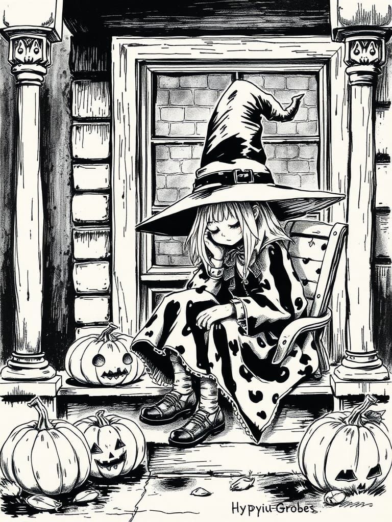 Whimsical Witch Lulls on Porch on All Hallows' Eve in Dark I...