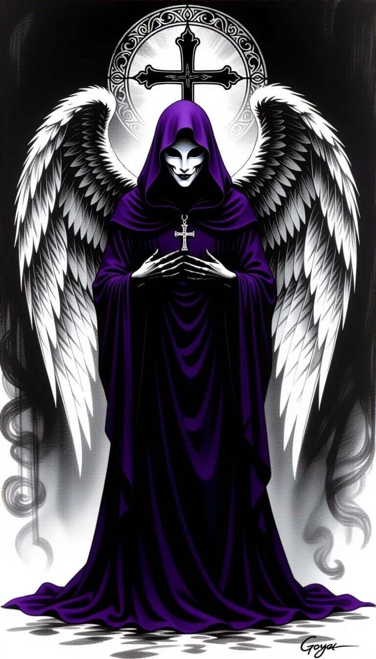 Angelic Figure with Feathered Wings in Charcoal Style