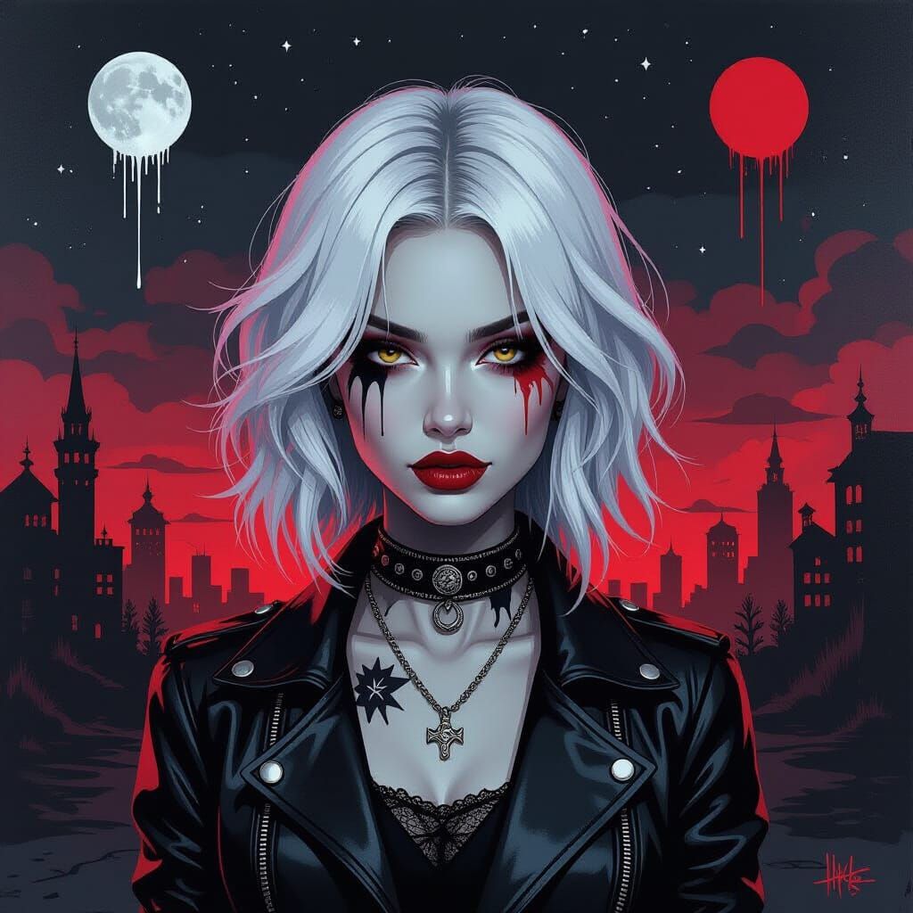 Goth-Punk Lady in Apocalyptic Landscape, Ink Wash and Graffi...