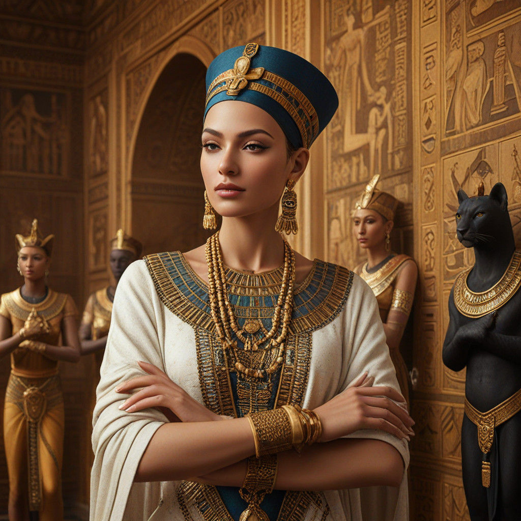 Hyperrealistic Queen Nefertiti Portrayal in Luxurious Egypti...