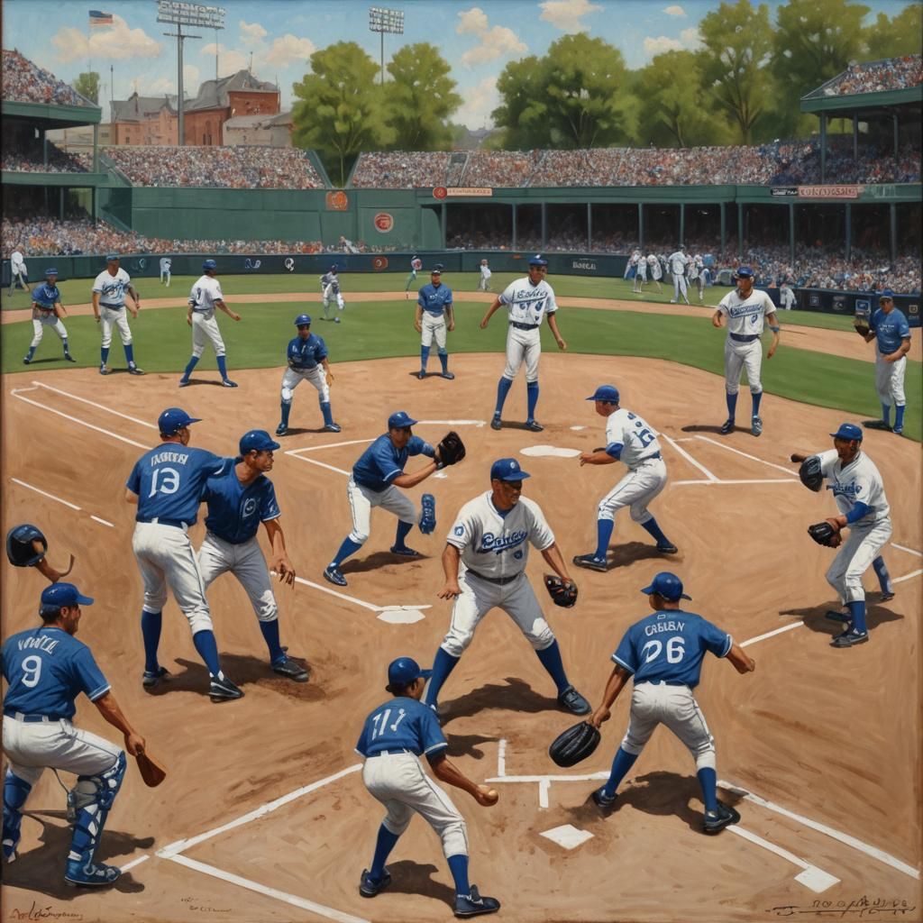 Vintage Baseball Game at Kansas City Royals Stadium in Oil