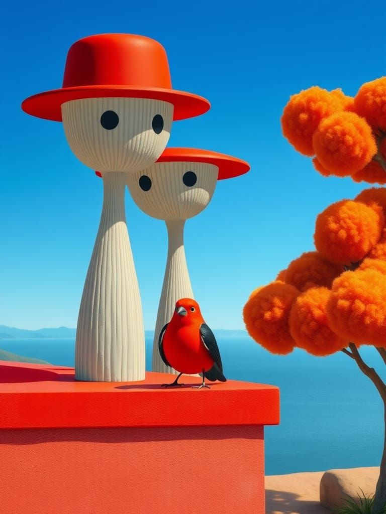 Abstract Humanoids Observe a Red Bird Amidst a Serene Landsc...