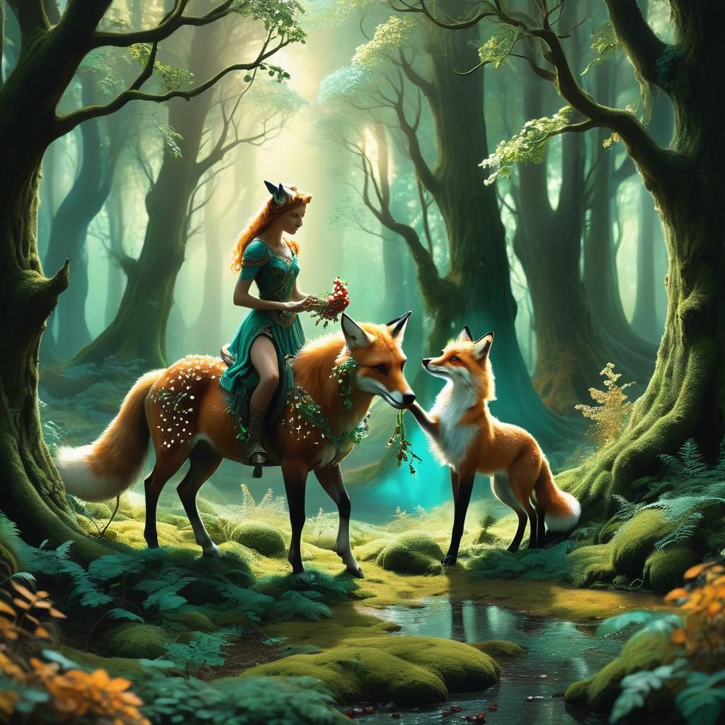 Ethereal Centaur and Fox in Mystical Forest