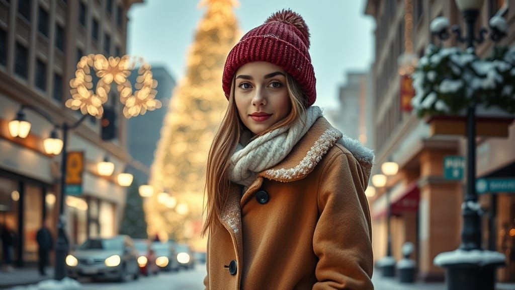 Woman in Winter Wonderland: Christmas Lights and Snow