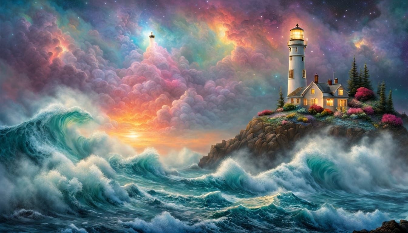 Surreal Lighthouse Ocean and Nebula in Ethereal Style