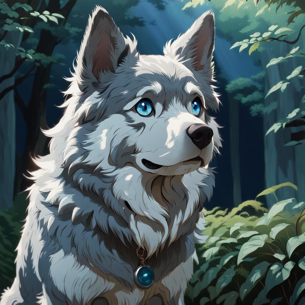 Regal Dappled Gray Dog in Studio Ghibli-Inspired Anime Key V...
