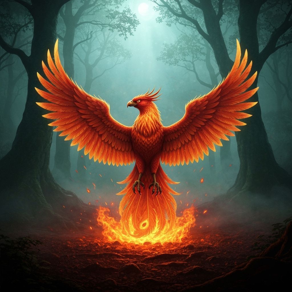 Phoenix Rising from Embers in Ancient Forest