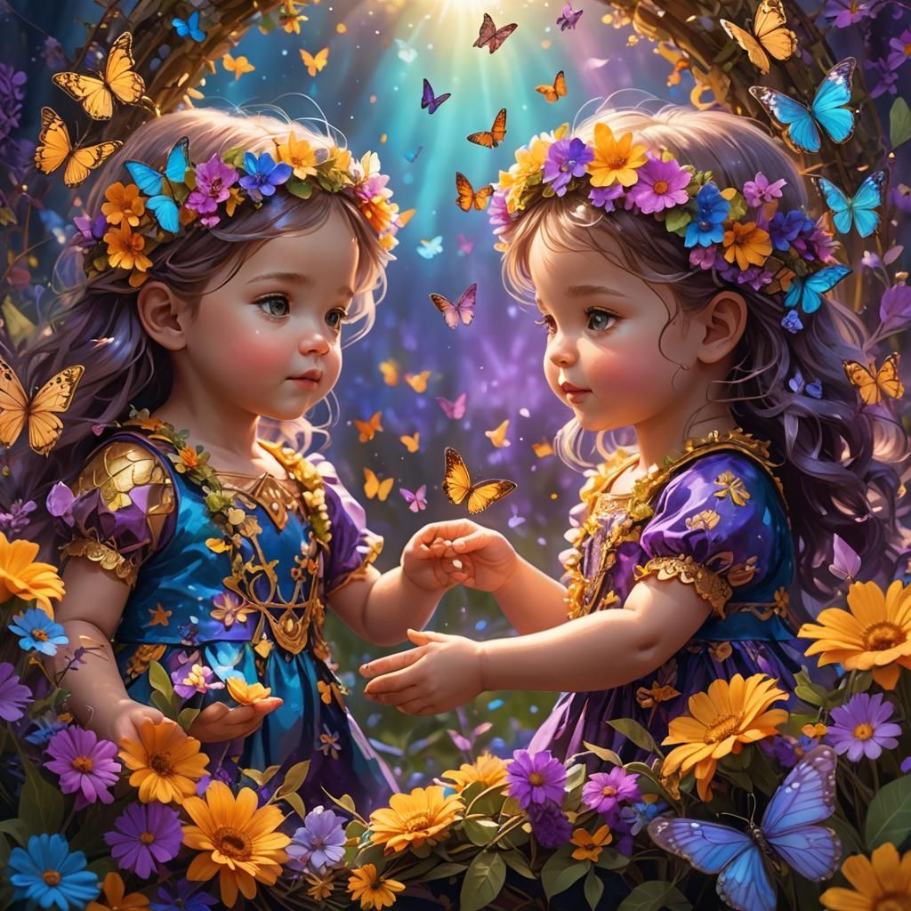 Whimsical Twin Babes in Fantasy Floral Wonderland