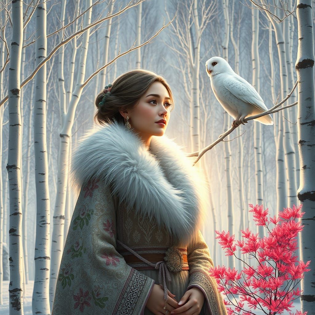 Woman in Intricately Embroidered Attire Amidst Snowy Forest