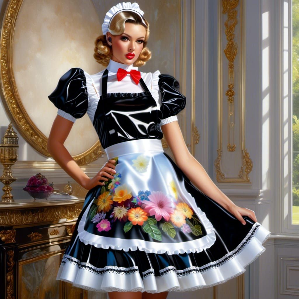 French Maid Dress with Colorful Floral Prints in Latex