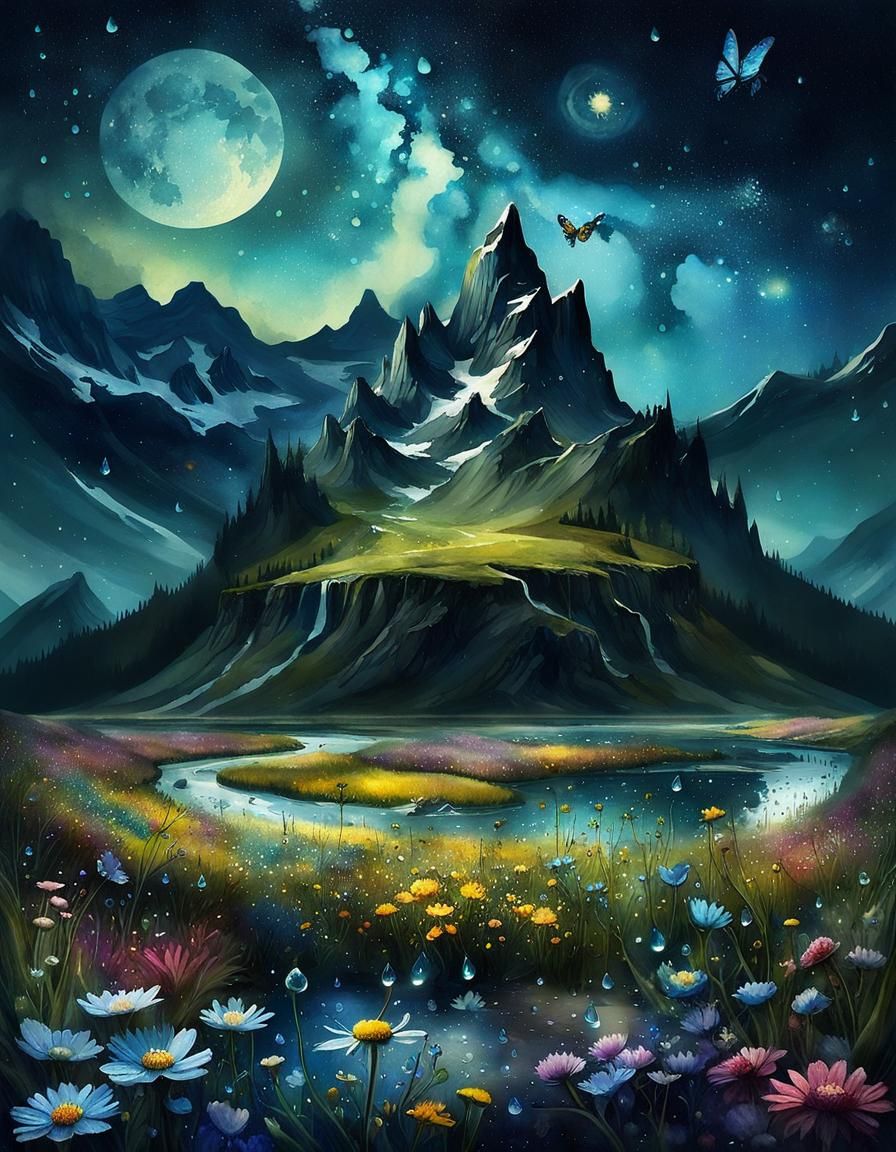 Surreal Watercolor Fantasy with Starry Night Sky and Epic Mo...