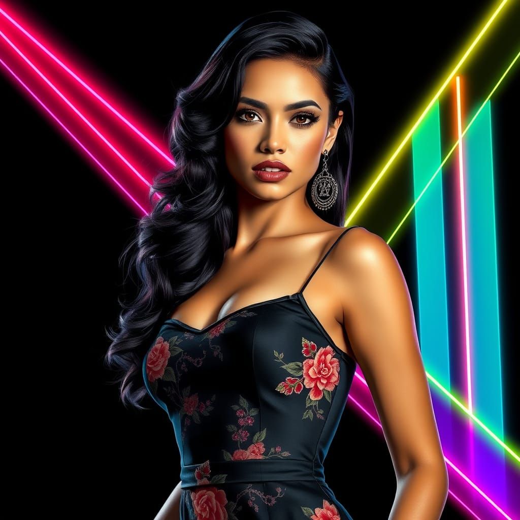 Confident Pin-Up with Japanese Embroidery, Hyperrealistic Ar...